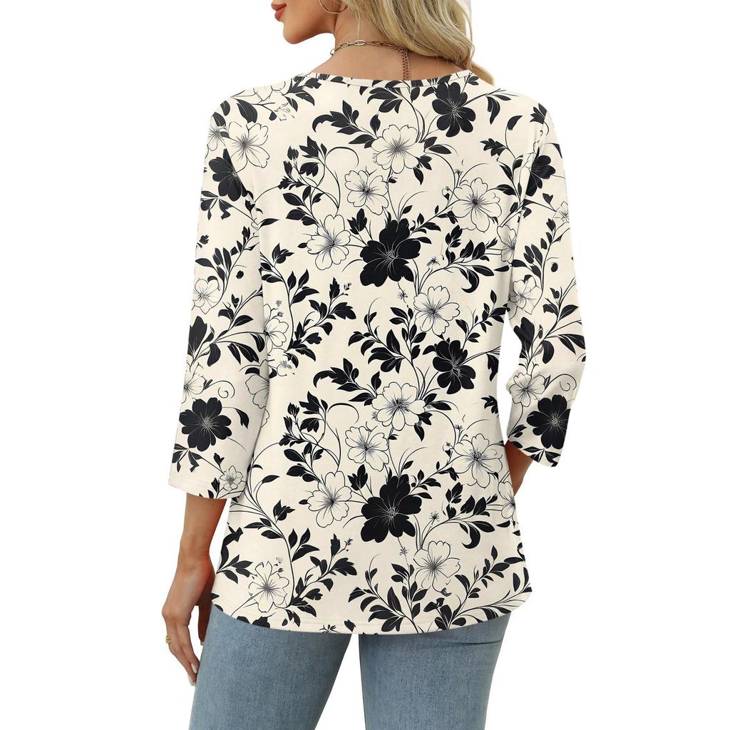 Dames Print Top Knoopsluiting V-hals T-shirt 3/4 Mouw Losse Mode Top