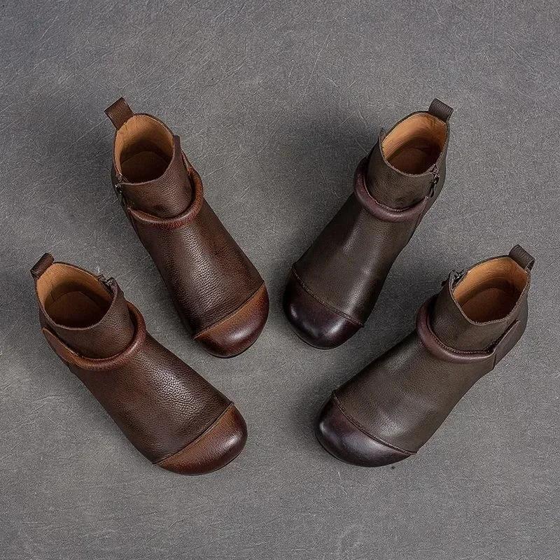 Women's Leather Boot 2025 Autumn-winter New Plush Vintage Round Head Flat Side Zipper Casual Simple Women's Sneakers Women Shoes