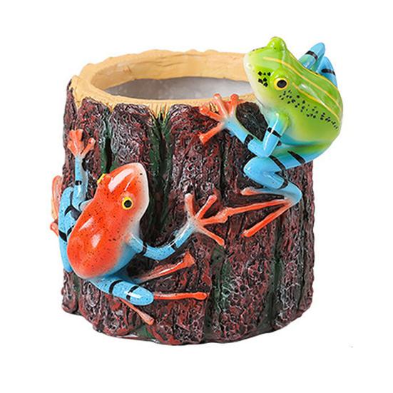 

Tree Stump Shape Planter Pot Resin Decorative Flower Pot with 2 Frogs Cute Small Cactus Container for Home Office Desk Balcony Indoor Outdoor Decor A