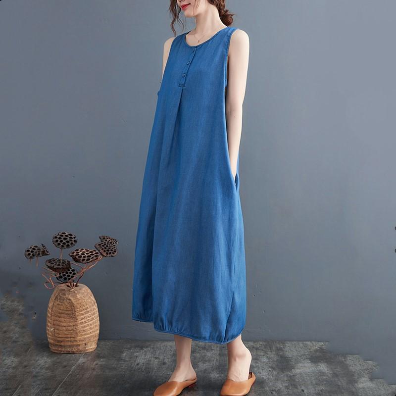Sleeveless Plus Size Denim Vintage New In Dresses for Women Casual Loose Long Summer Dress