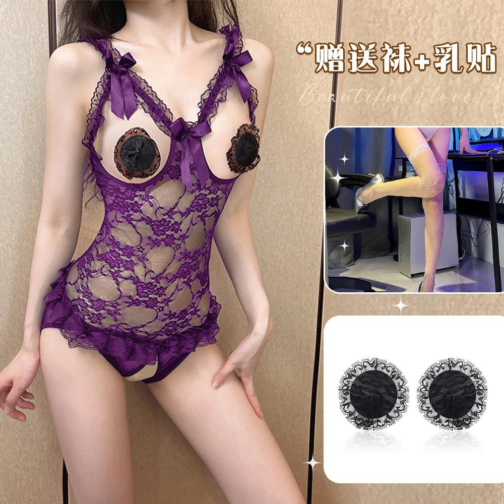 Large size erotic underwear hollowed out bare chest hot couple flirting free open file erotic uniform lace