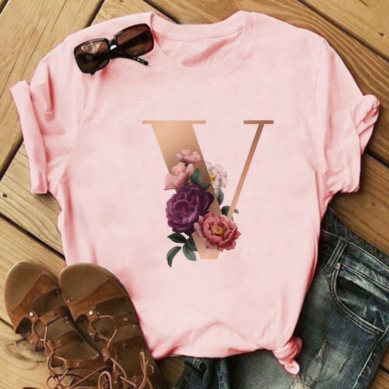 Stylish Gold 26 Letter Floral Print T-shirt Black Oversized for Men And Women Summer Polyester Fabric T-Shirt