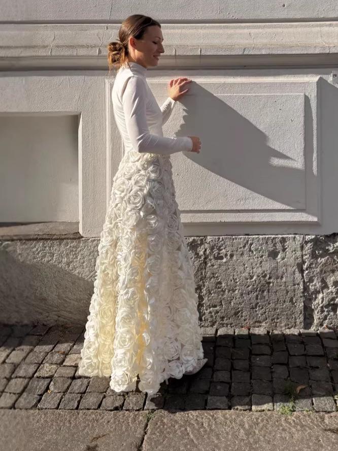 Elegant Long Sleeve 3D Floral Rose Party Dress