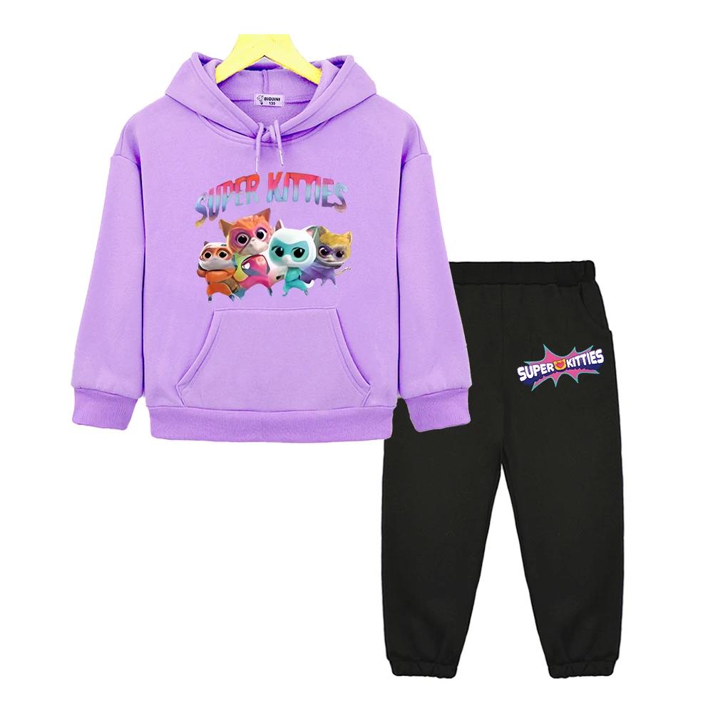 Boys Girl Hooded Sets Super Kitties Anime Hoodie Fleece Sweatshirt Cat Jacket 2pcs Pullover+pant Autumn Kids Boutique Clothes