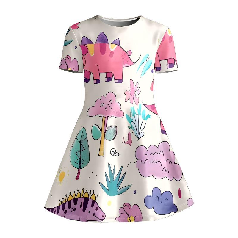 Little Girls Cute Cartoon Dinosaur Checker Number Bow Print Round Neck Short Sleeve A-Line Kids Summer Swing Dress