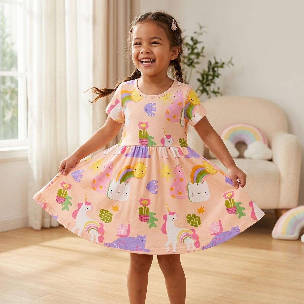Girls' Dress, Children'S Cartoon Print Princess Dress, New Summer Children'S Dress