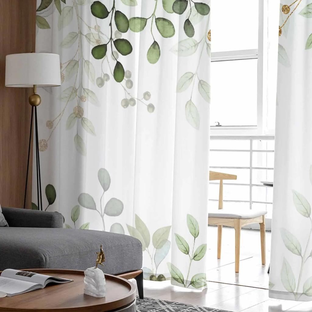 Abstrakte salbeigrüne Blätter, Zweige, transparente Vorhänge für Wohnzimmer, Küche, Fenstervorhänge, Schlafzimmer, Tüll-Voile-Vorhänge