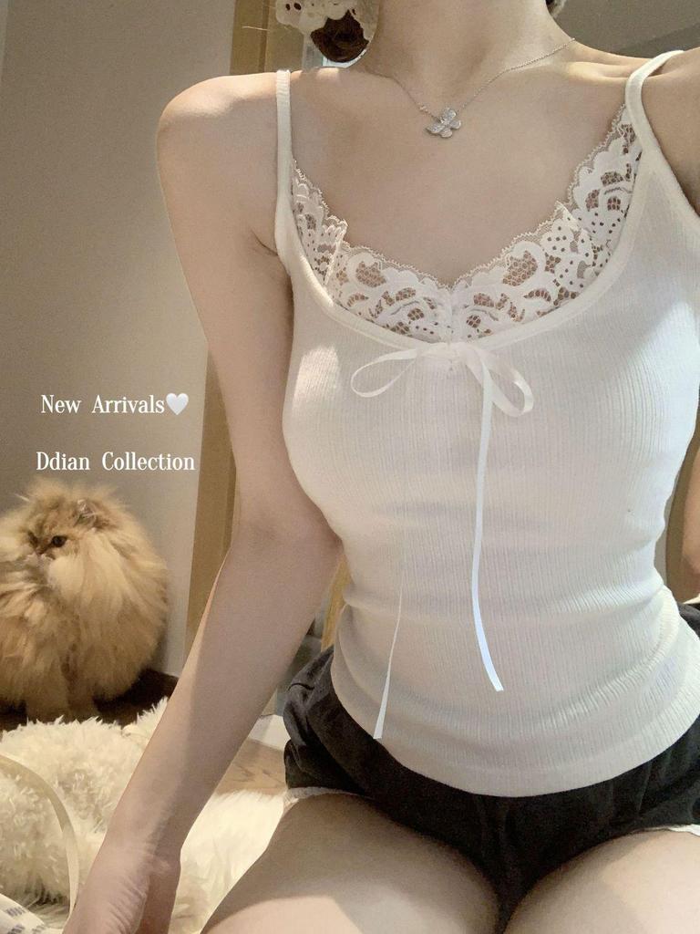 Plus Size Bow Lace Trim Sexy Camisole Tank Top for Women - Summer Loose Fit
