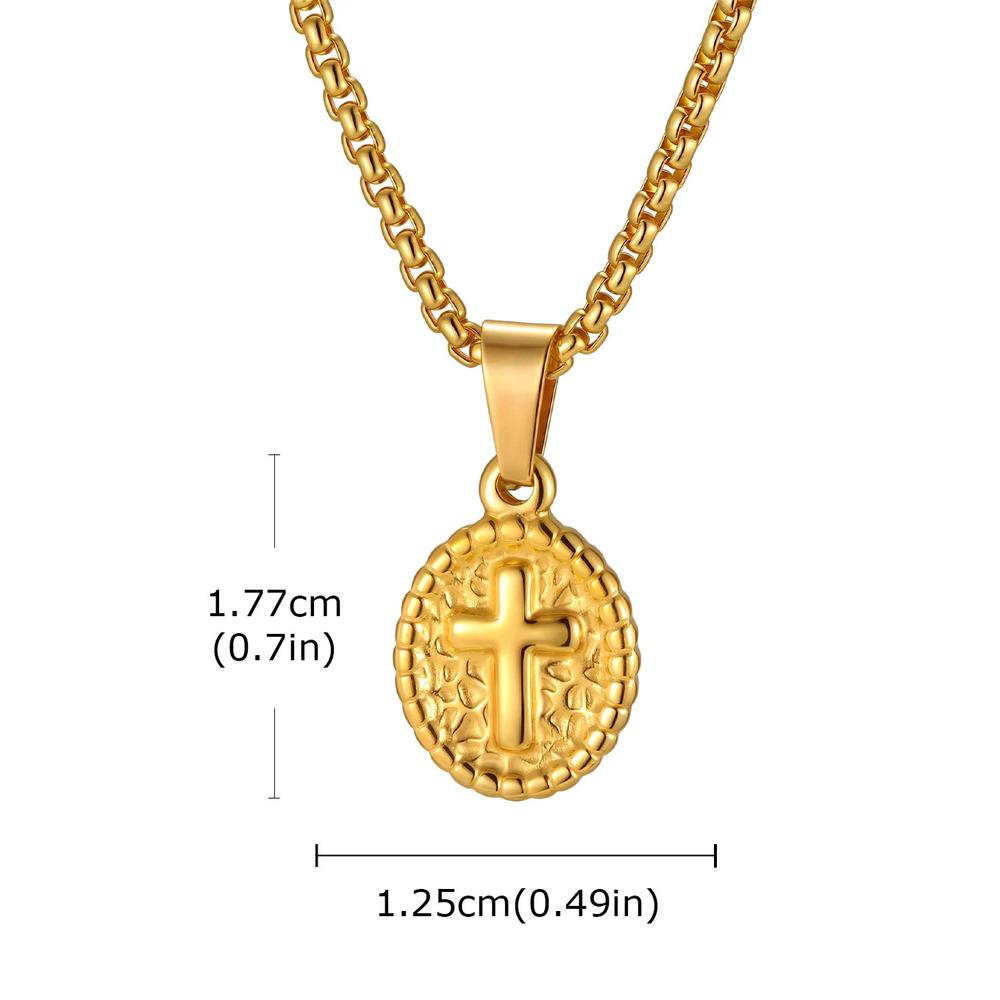 Vnox Dainty Christian Cross Necklace for Men Women, Stainless Steel Oval Pendant Box Chain, Faith Charm Religious Jewelry Gifts