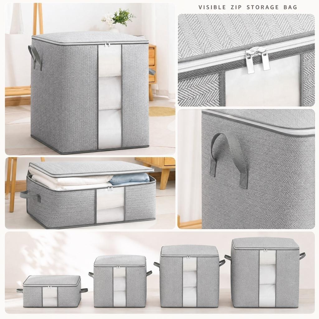 Fabric Storage Bag with Transparent Window and Zipper Lid Portable Handheld Organizer Box for Clothes Bedding and Household Items