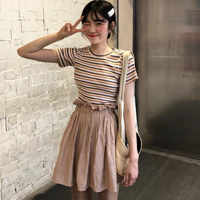 Women O Neck Striped Short Sleeve Slim Pullover Crop Top T-Shirt