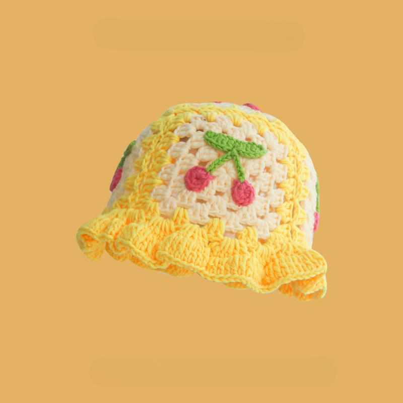 Korean Retro Stripe Handmade Crochet Bucket Hats Autumn and Winter Y2k Fisherman's Cap Women Tassel Colored Wool Hats