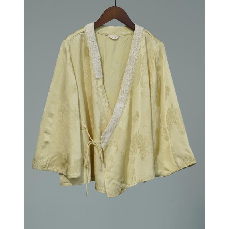 Johnature Women Vintage Jacquard Coats Bandage Chinese Style V-Neck Blouses Spring Soft High Quality Coats