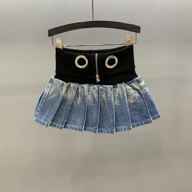 American retro summer new summer black and gray high waist fluffy pleated Spice Girl denim skirt trendy brand S синий