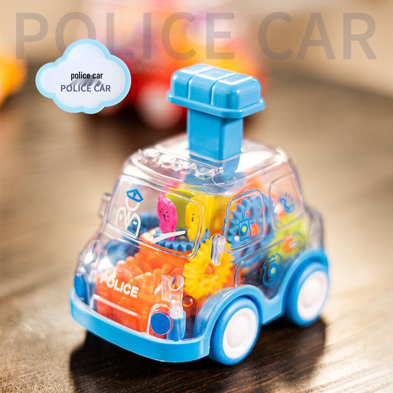 Children s Cartoon Transparent Gear Car – Press and Slide Inertial Pull-Back Toy: School Bus & Police Car Models. синий