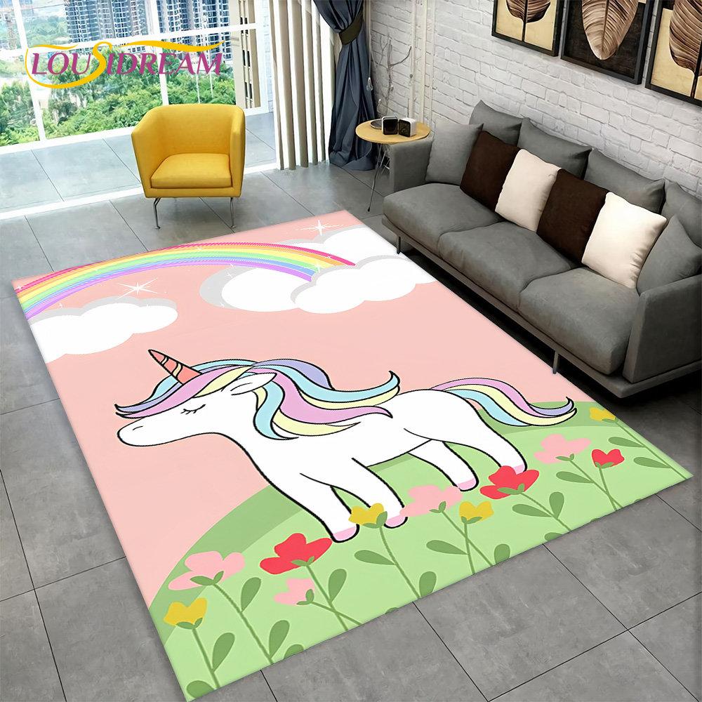 3D Cartoon Eenhoorn Dier Gebied Tapijt, Tapijt Tapijt voor Woonkamer Kinderkamer Bank Deurmat Decor, Kids Paly Antislip Vloermat