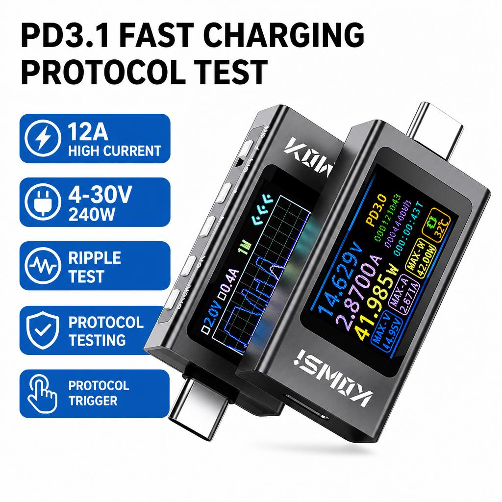KWS-X1 Type C Tester DC Voltmeter Ammeter Type-C Fast Charge Detection Trigger Capacity Measurement Ripple Measurement 1V-11V