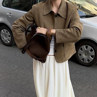 Jachete retro din piele întoarsă cauzală pentru femei, elegante, cu un singur nasture, cu rever, paltoane, toamna și iarna, la modă, cu buzunare moi, haine de exterior