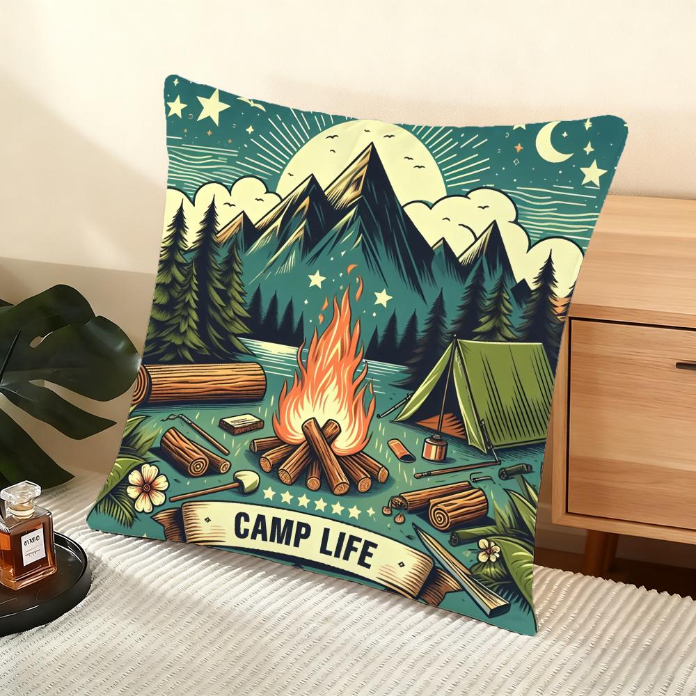 H-Happy Camping Cushion Cover Soft Short Plush Pillow Cover Smooth Cozy Texture Aesthetic Cushion Case Home Decor