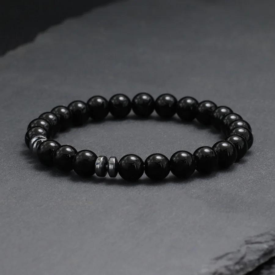 Genuine Natural Stone Beads Bracelet Men 8MM Howlite Obsidian Tiger Eyes Beaded Elastic String Bangles Homme Joias