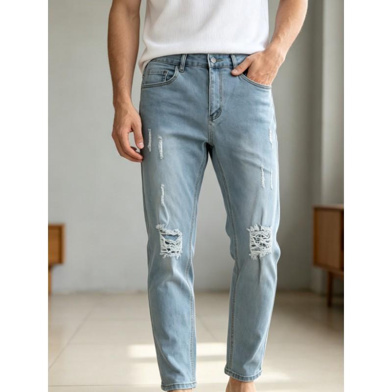 Mens Slim Fit Distressed Stretch Denim Jeans Mid-Rise Straight Leg Casual Pants Youth Streetwear 2025