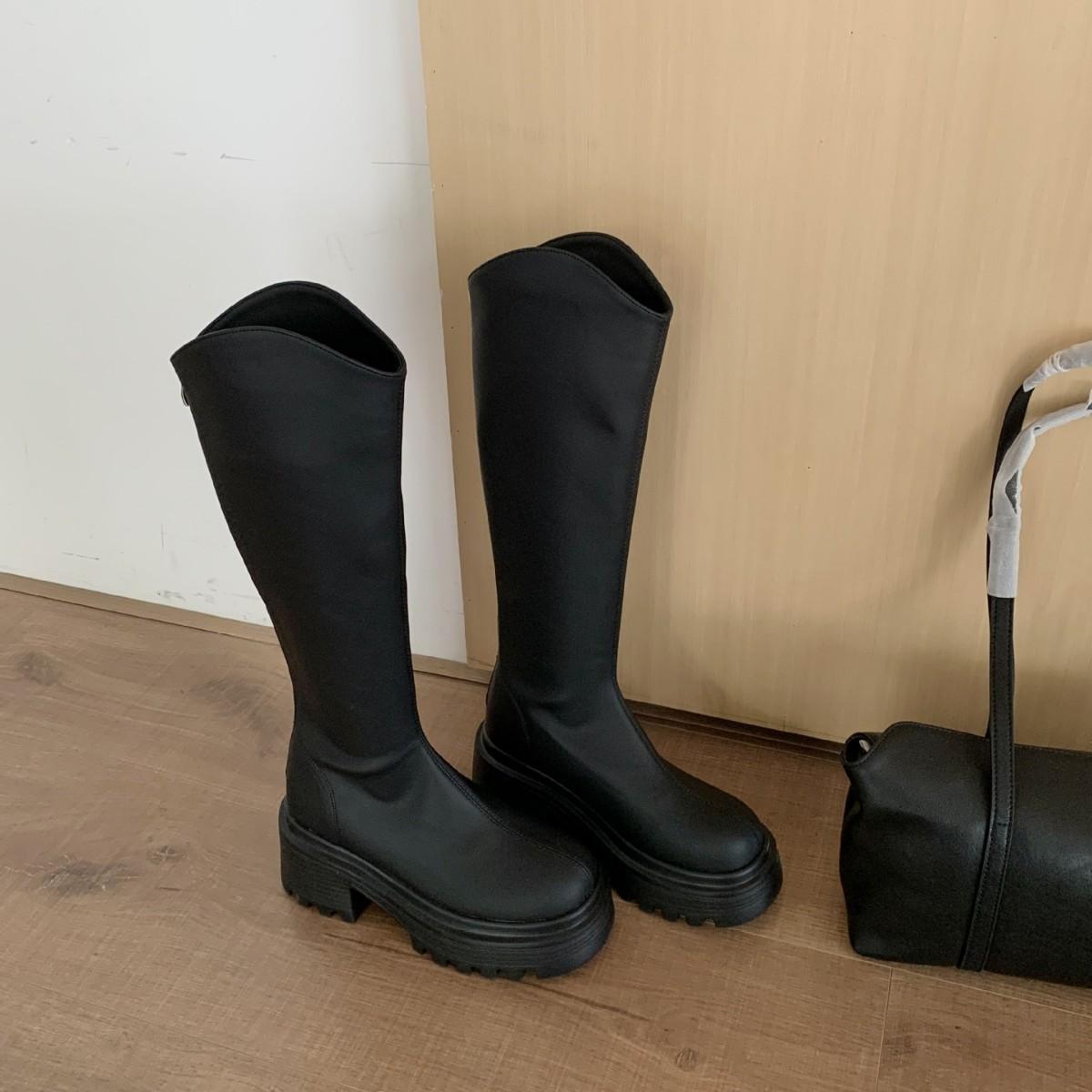 

2025 autumn new round head tall tube thin after zipper fashion muffin 10cm female Martin knight boots 39 чёрный