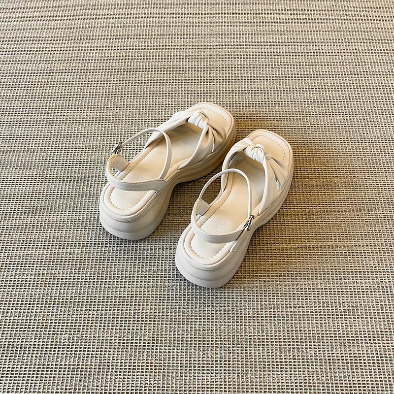 

Spot~~ Platform sandals women s summer new bow thick heel with open toes Roman shoes fairy style 40 бежевый