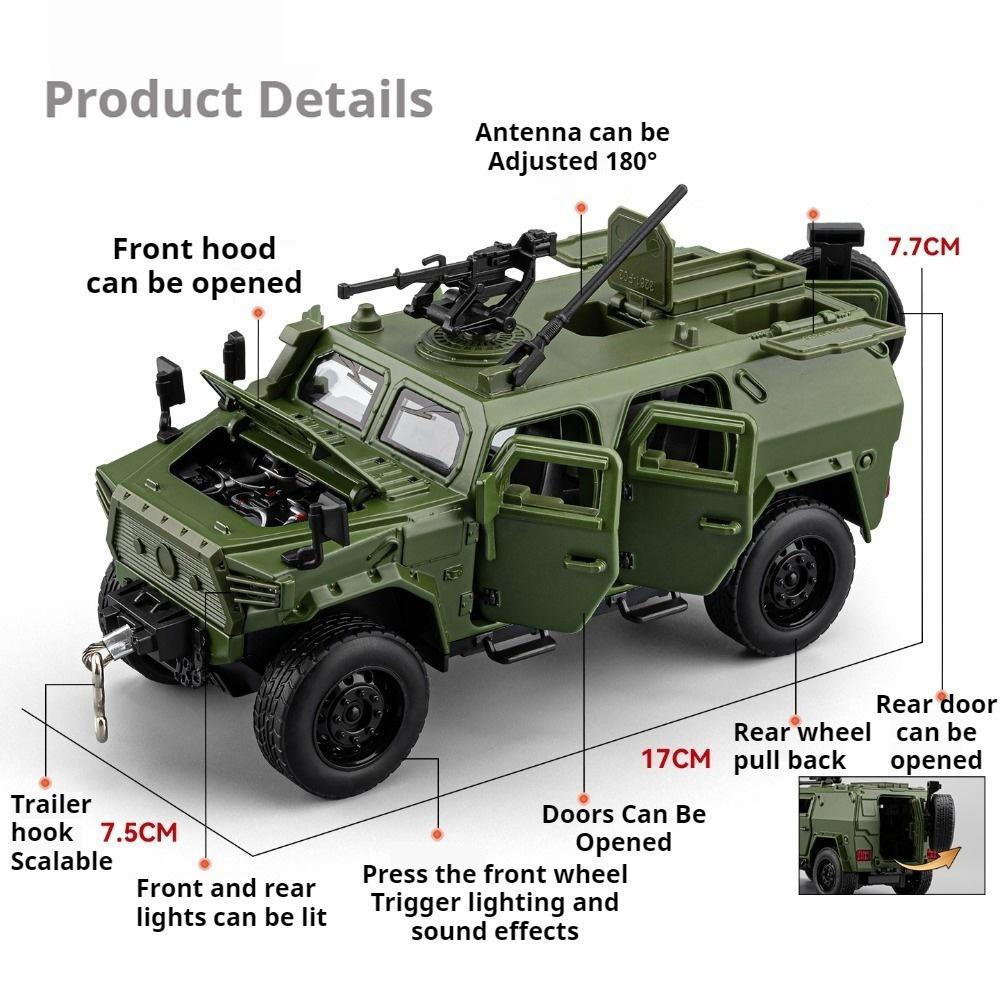 1:32 DongFeng MengShi Pantserwagen Model Speelgoed Metaal Diecast Off-road Voertuig Deuren Openen Pull Back Geluid Licht Decoratie Modellen