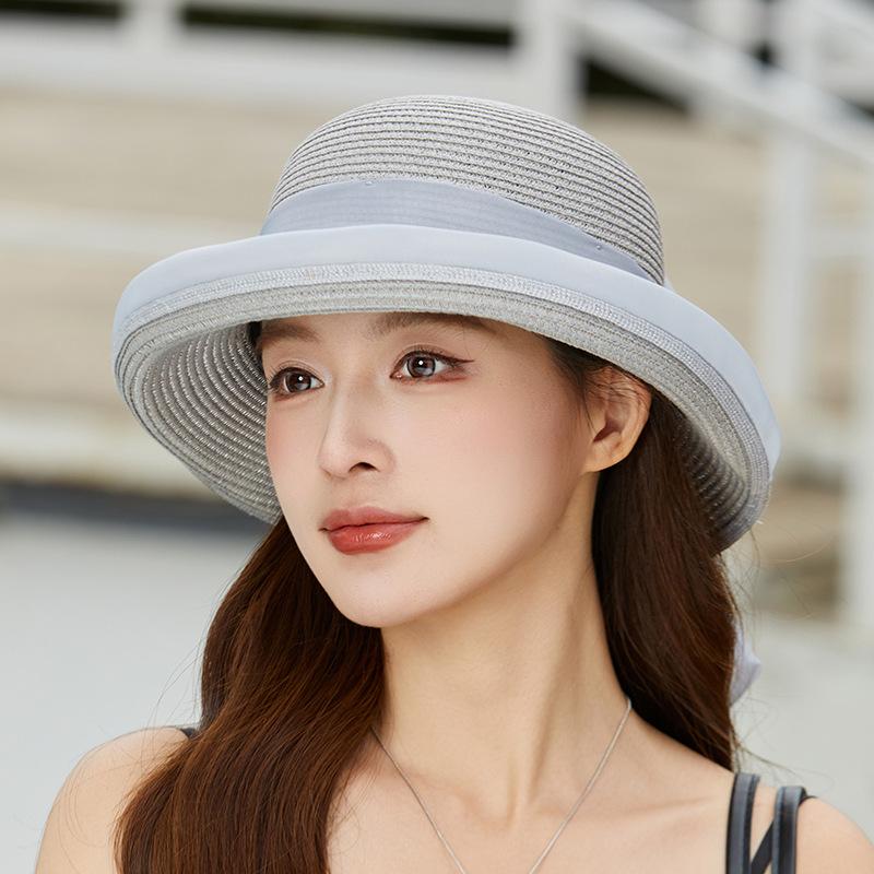 Spring and summer new women's straw hat big bow decorative sunscreen visor basin hat showing face small seaside vacation photo hat