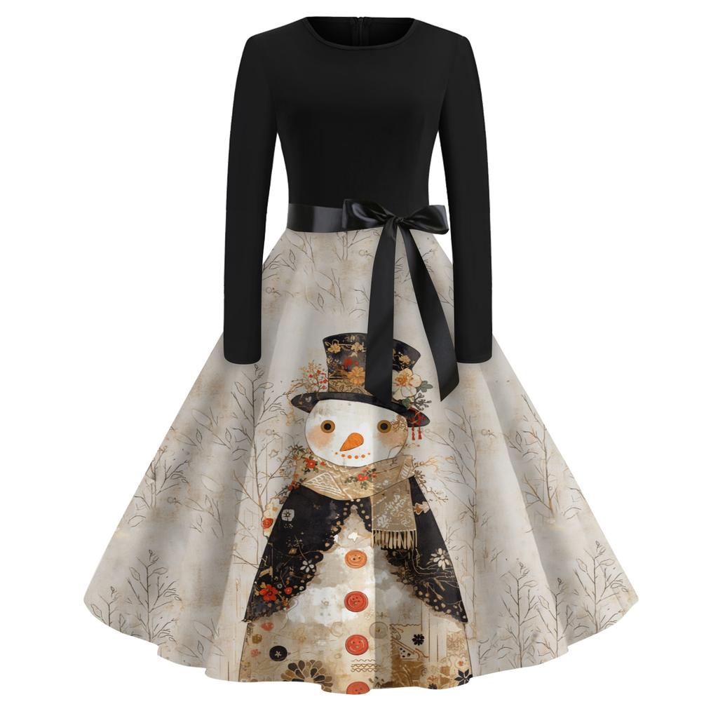 Women's Casual Fashion Round Neck Long Sleeve Christmas Printed Party Vintage Long Dresses