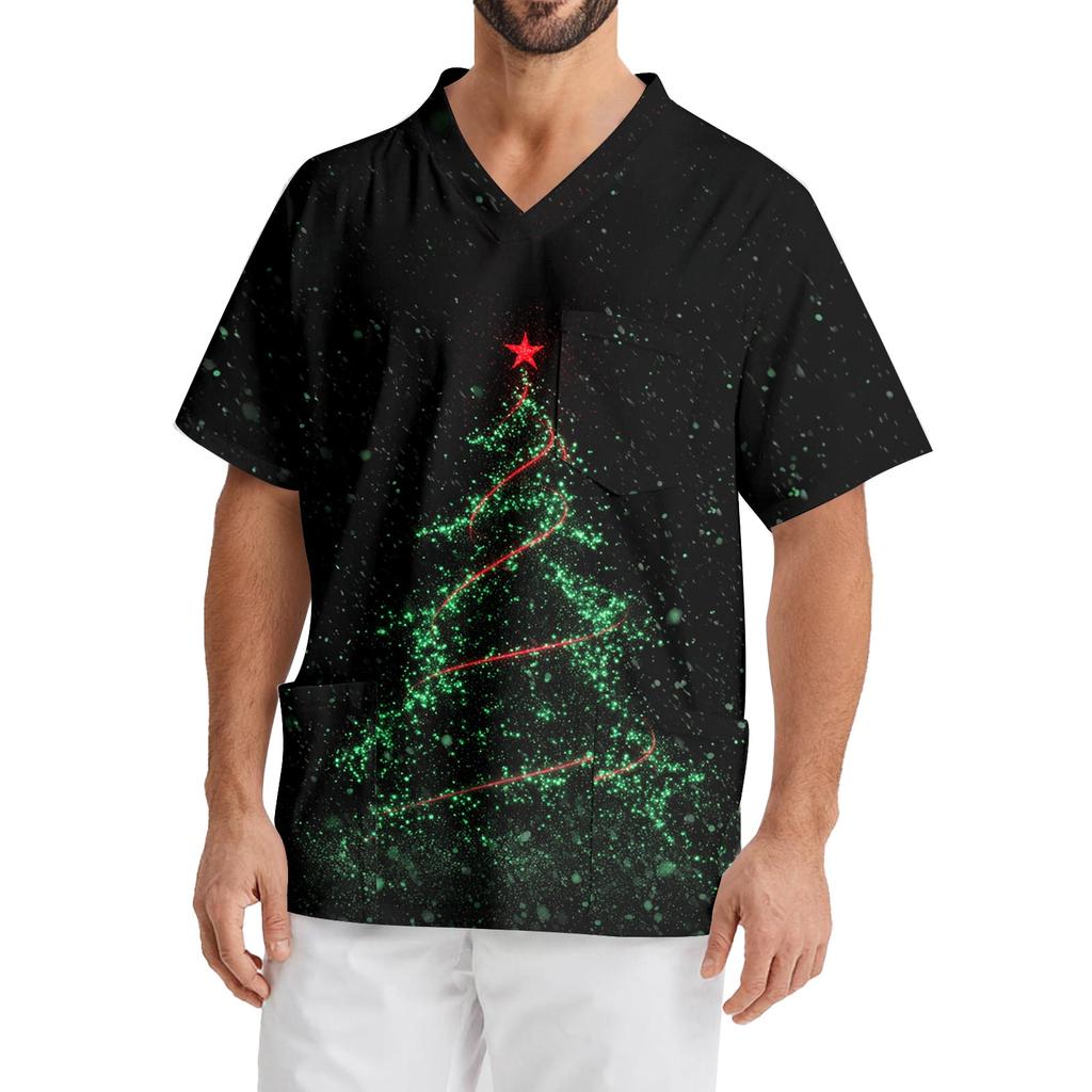 Men's Printing Short Sleeve V-neck Working Blouse Chest Pocket Carer Top