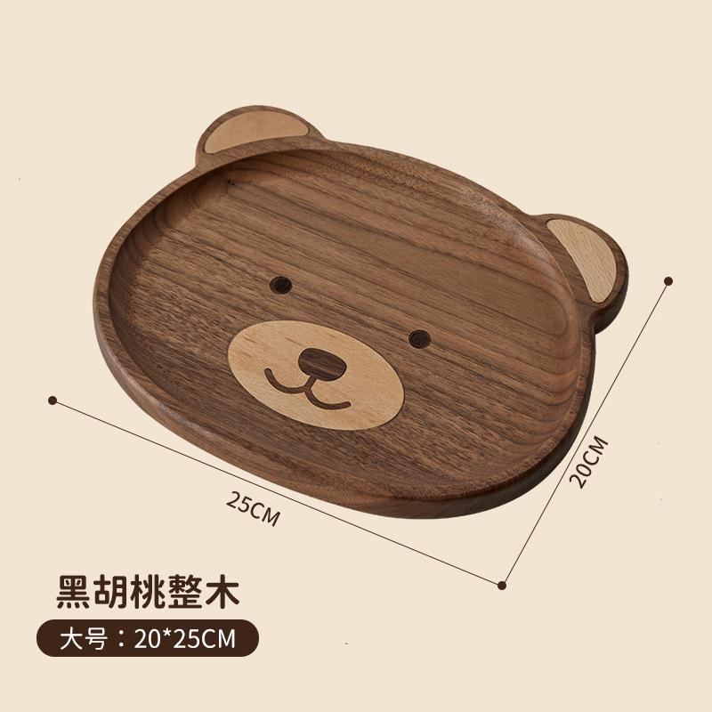 Cute Bear Plate Ebony Walnut Japanese Style High Value Wooden Plate Cartoon Fruit Serving Tray Round Bear Plate