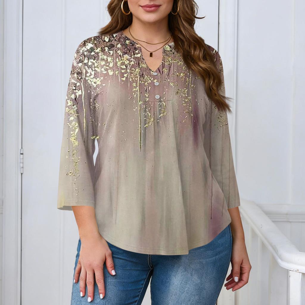 Women's Plus Size Fashionable Casual Loose Fit Three Quarter Sleeve Elegant Button Up V Neck Top