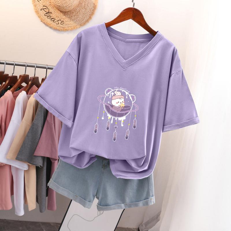 

Футболка с коротким рукавом, Свободного кроя, Приталенный топ с V-образным вырезом с принтом для женщин XL фиолетовый