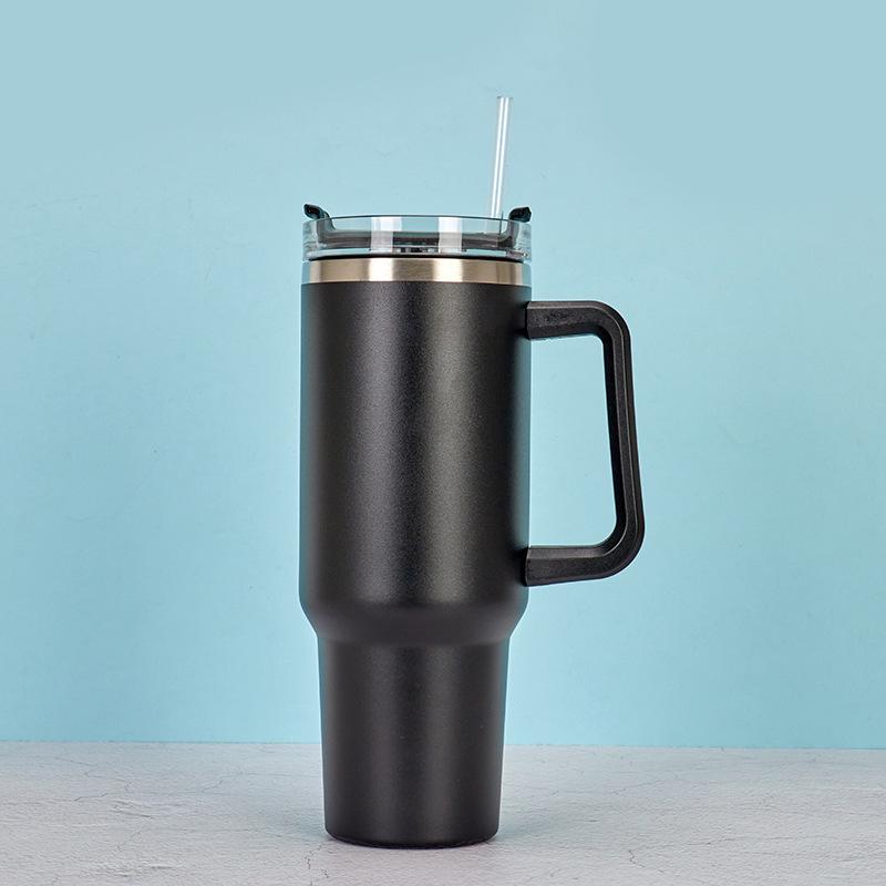40oz Stainless Steel Double-Layer Car Cup with Handle & Straw