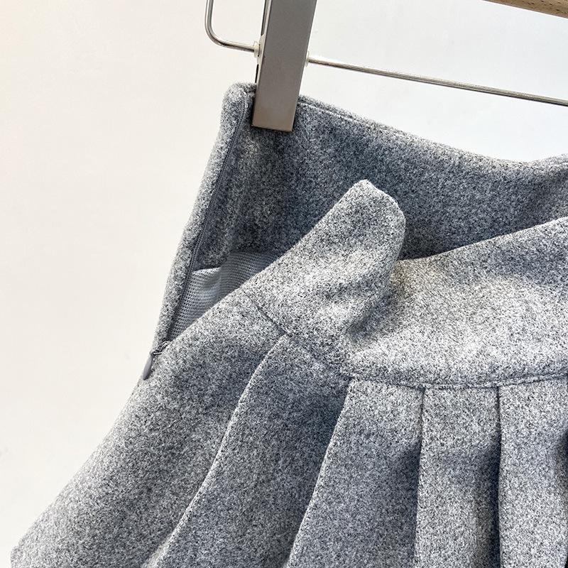 Elegant Grey Wool A-Line Pleated Skirt for Women - Versatile, Age-Reducing, Anti-Exposure, Korean Style, Autumn Winter 2025