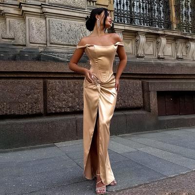 Satin Slit Maxi Gown Sexy Low Back Twist Front Dress, Figure-Hugging Evening Gown W/ High Thigh Split for Galas & Red Carpet