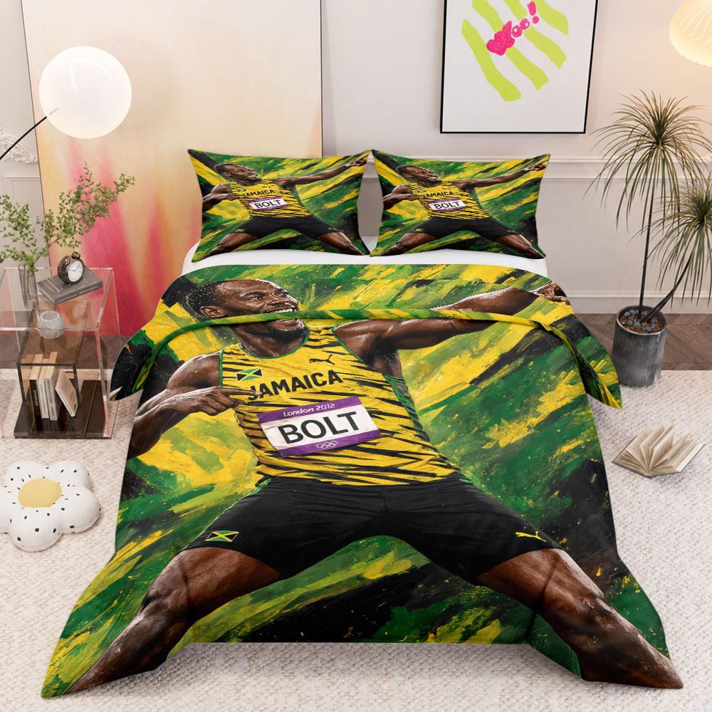 Bohemian Usain Bolt Sprinter Art Green Duvet Cover Set, Cozy Duvet Cover Set for King Size Bed, Cooling Duvet Cover for Warm Nights