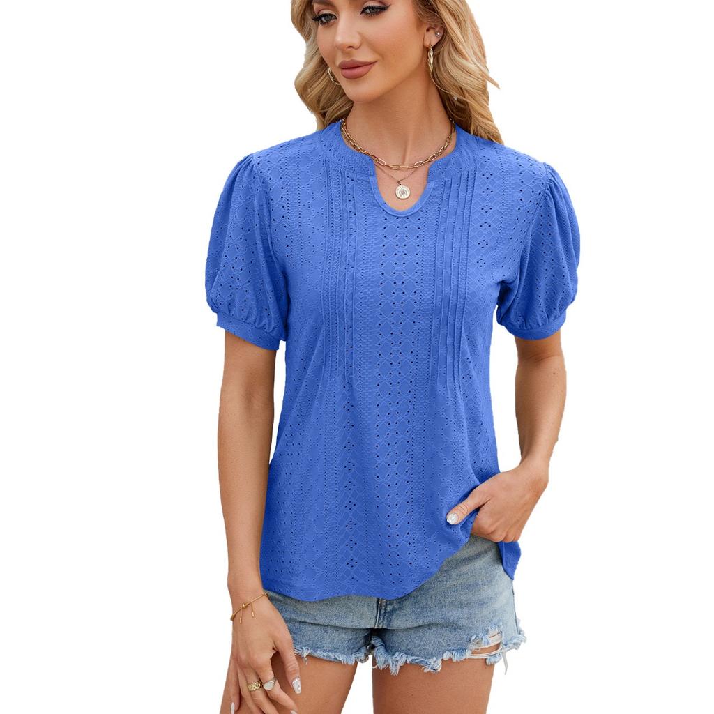 Spring Summer New Women's Solid Color V-neck Striped Loose Short Sleeve T-shirt for Cross-border E-commerce