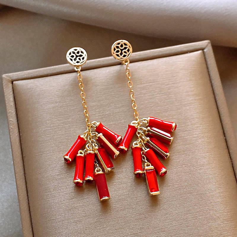 Red Bow Coin Purse Earrings: Silver Needle Retro Snake Lock Studs, New Year High-End Ear Jewelry.
