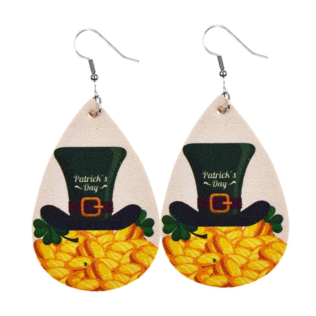 Women Fashion ST. Patrick's Day Green Drop Shape Printing  Earrings Ear Studs