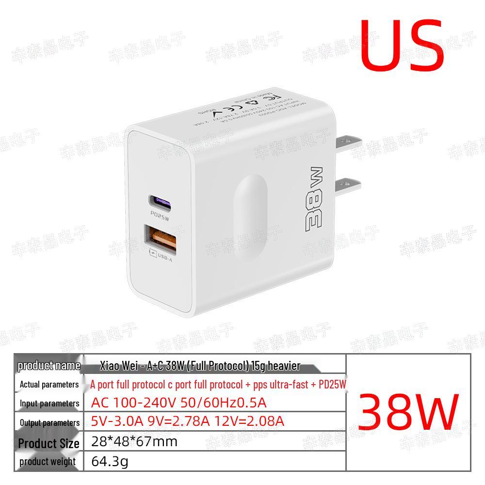 38W Dual-Port USB+PD Fast Charger with EU/US/UK Plug