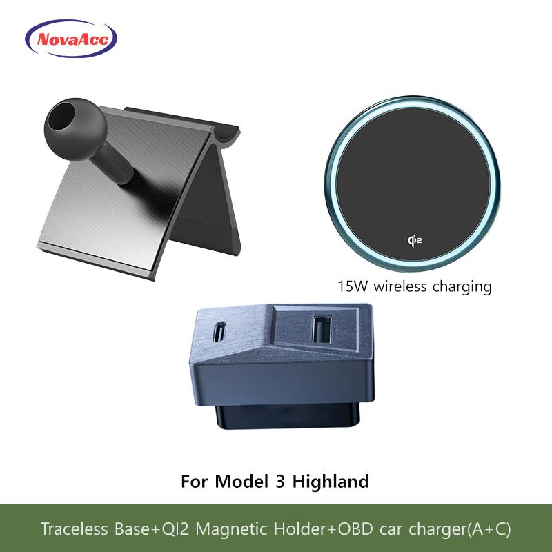 Auto Magnetischer Kabelloser Lade-Handyhalter Für Tesla Model Y Juniper Model 3 Highland 2021-2025 Transparente Basis OBD-Ladegerät