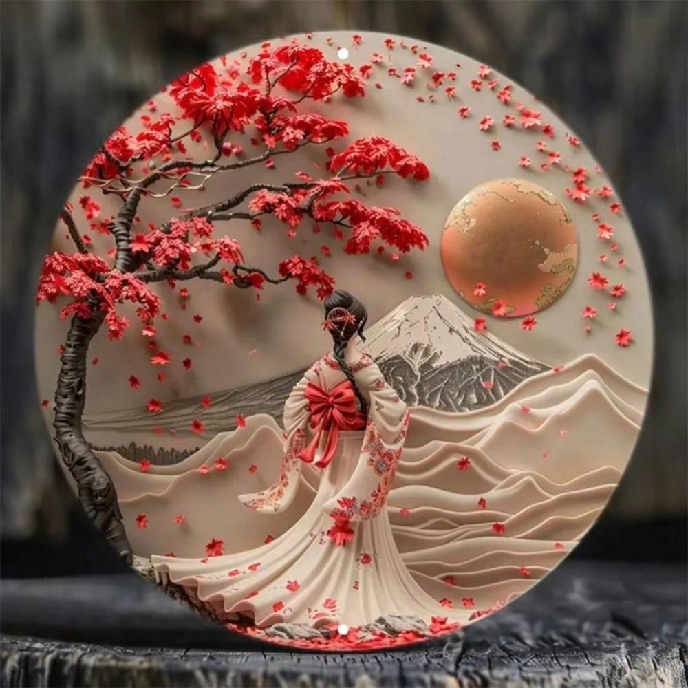 Японское кимоно Леди Цветение сакуры Алюминиевый металл Настенное искусство Домашний декор 20x20