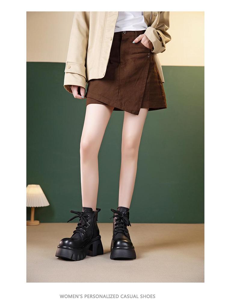 Women's Genuine Leather Martin Boots - Thick Sole, High Heel, Petite Height Boost, Versatile British Style for Autumn/Winter.