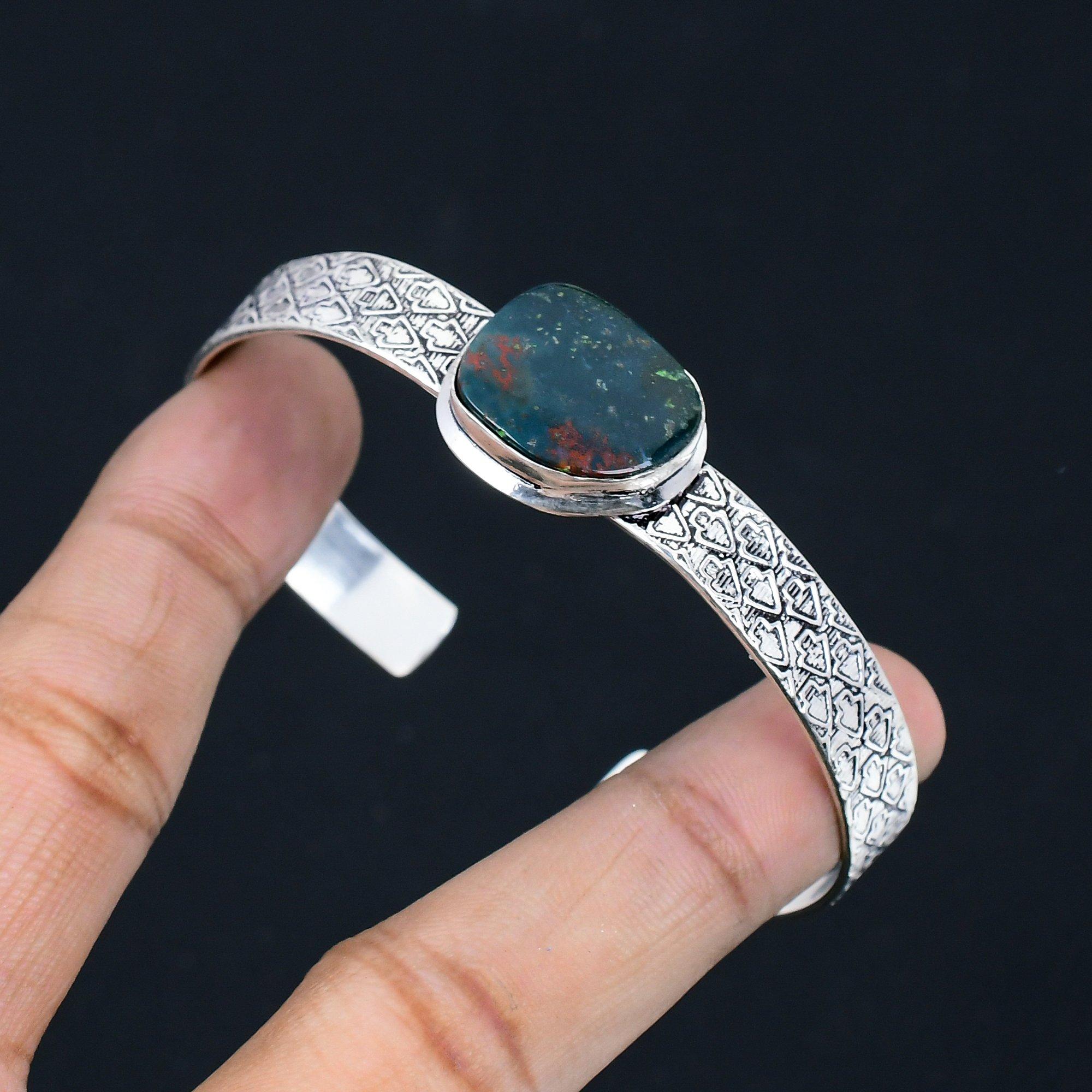 

Womens day Sale Bloodstone Stone Handcrafted Bangle Bracelet 925 Sterling Silver Adjustable