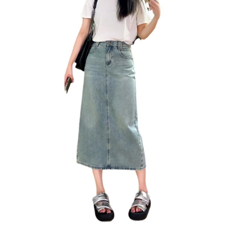 Split Denim Half-body Skirt Women's Summer High Waist Mid-length Denim Skirt A-line Skirt