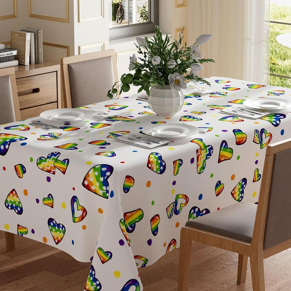 Rainbow Love Heart Dots LGBTQ Tablecloth for Table Decor Reusable Pride Day Kitchen Dining Tablecloth Holiday Party Decor