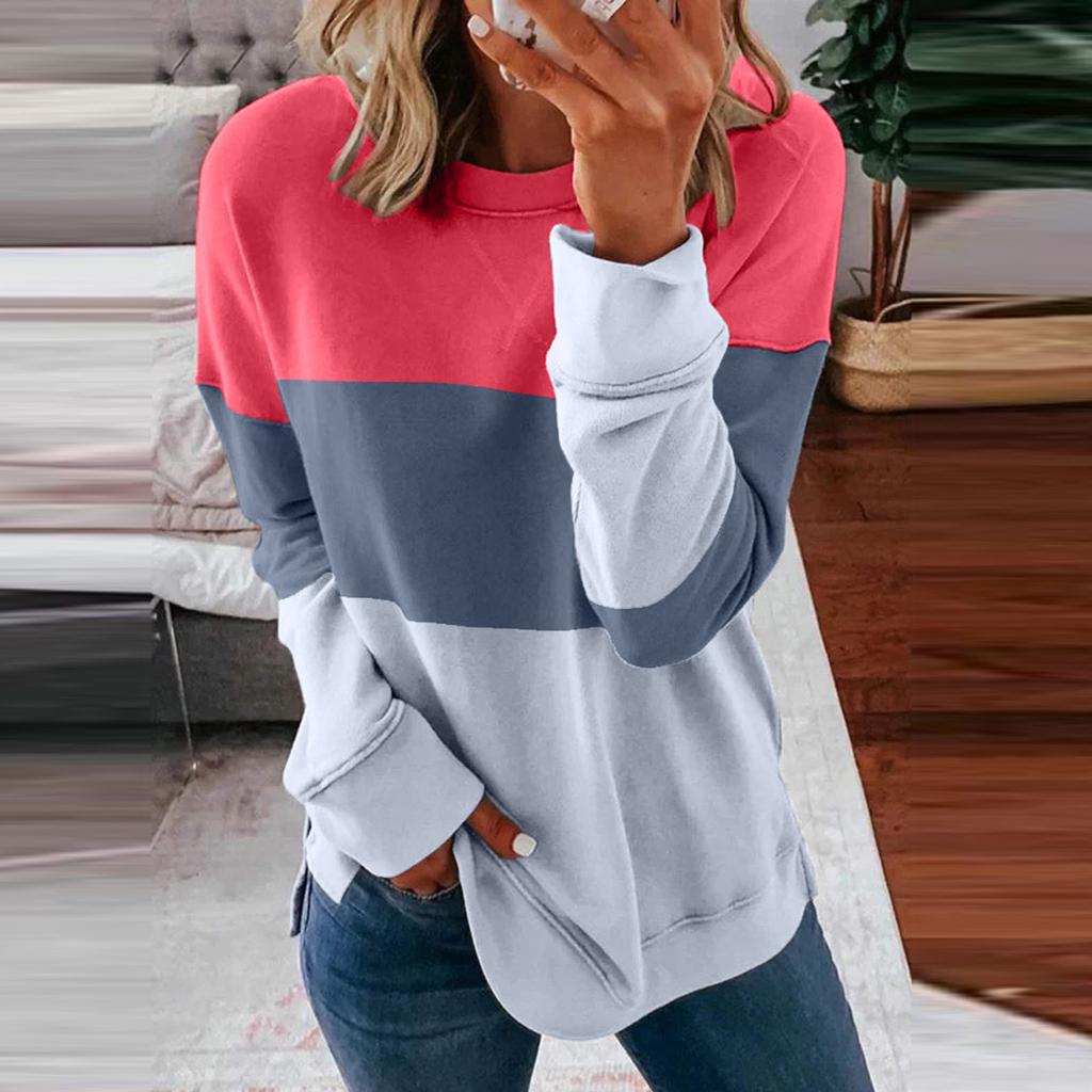 Women's Fashion Casual Long Sleeve Print Color Matching T Shirt Slim Top