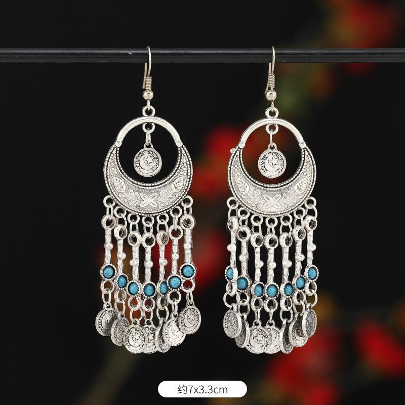 Retro Exotic Ancient Silver Coins Tassel Earrings Women's Long Personalized Earrings Niche Earrings